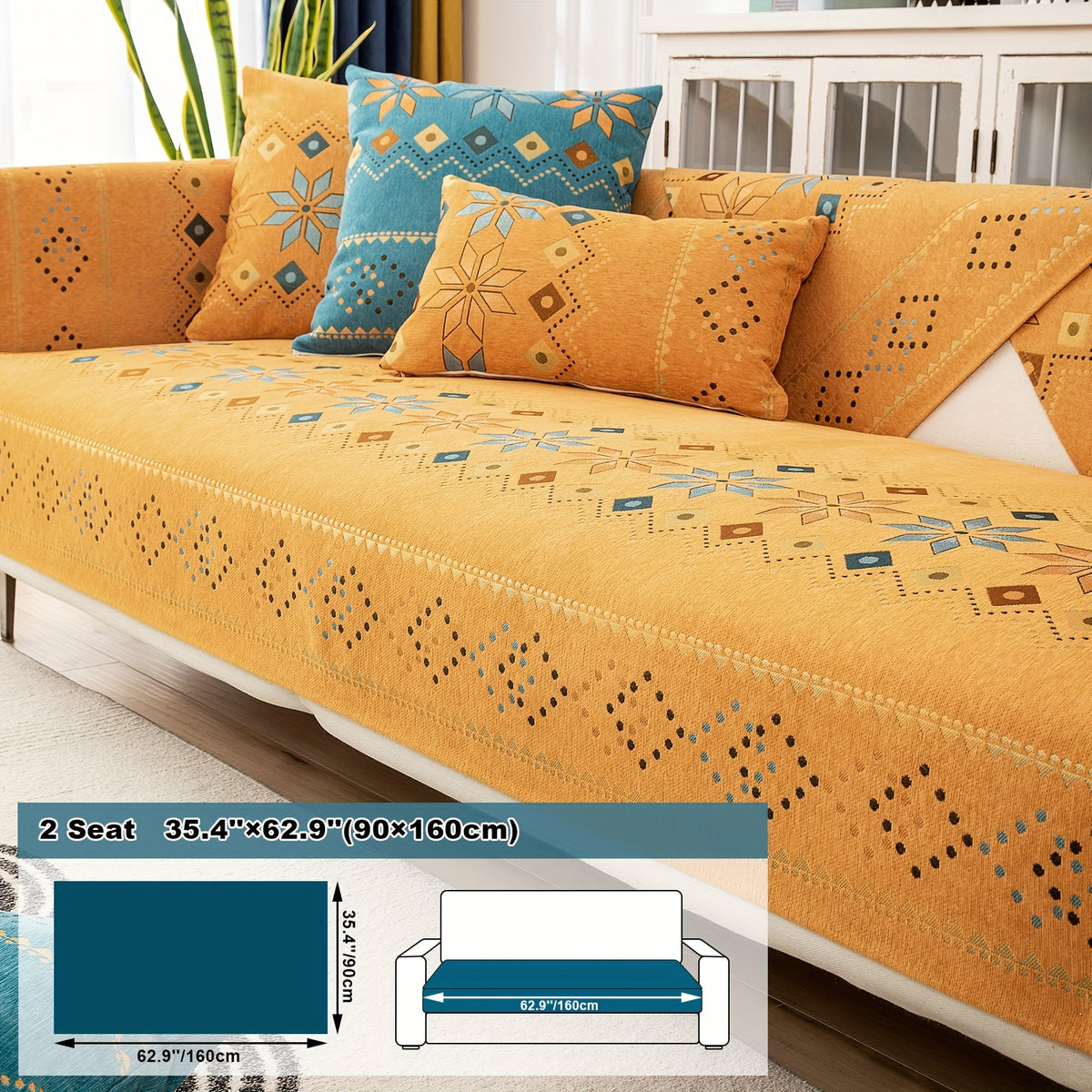 1pc Bohemian Chenille Sofa Cover Suitable for Sofa Sizes (Single to Four-Seater) - Thick Plush Non-Slip Couch Cover with Geometric Embroidery, Chenier Fabric Slipcover Fits for Sectional Sofas, Machine Washable Furniture