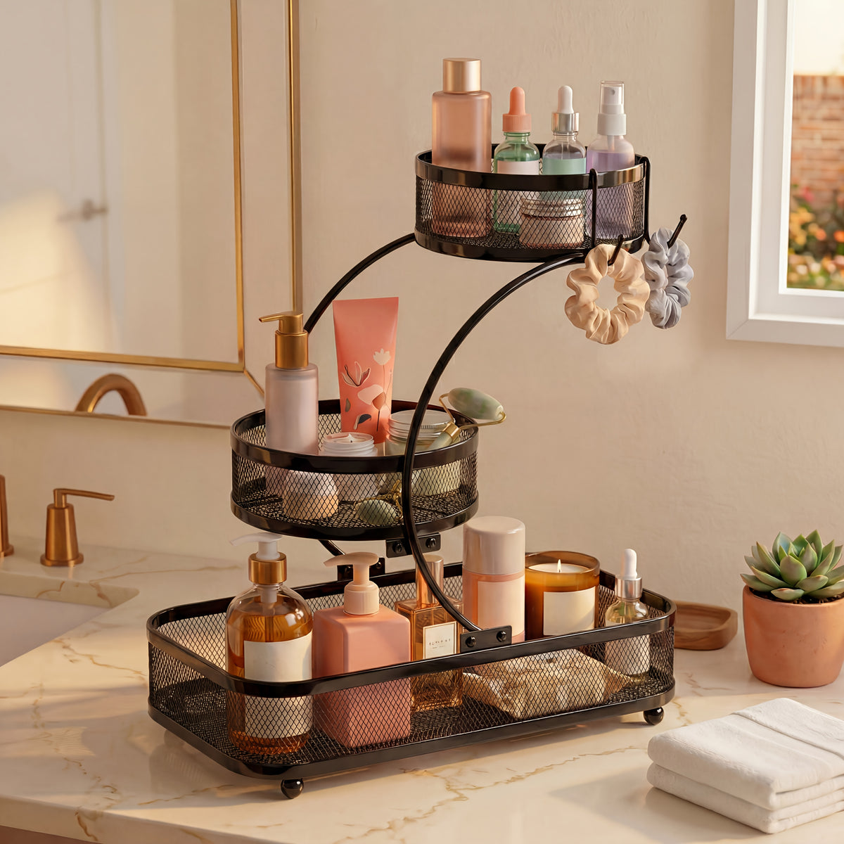 3-Tier Black Metal Mesh Storage Rack with Hooks Space-Saving Countertop Organizer for Kitchen, Bathroom Room Decor | Heavy-Duty Cosmetic Perfume Toiletry Display Stand, Shelf Baskets