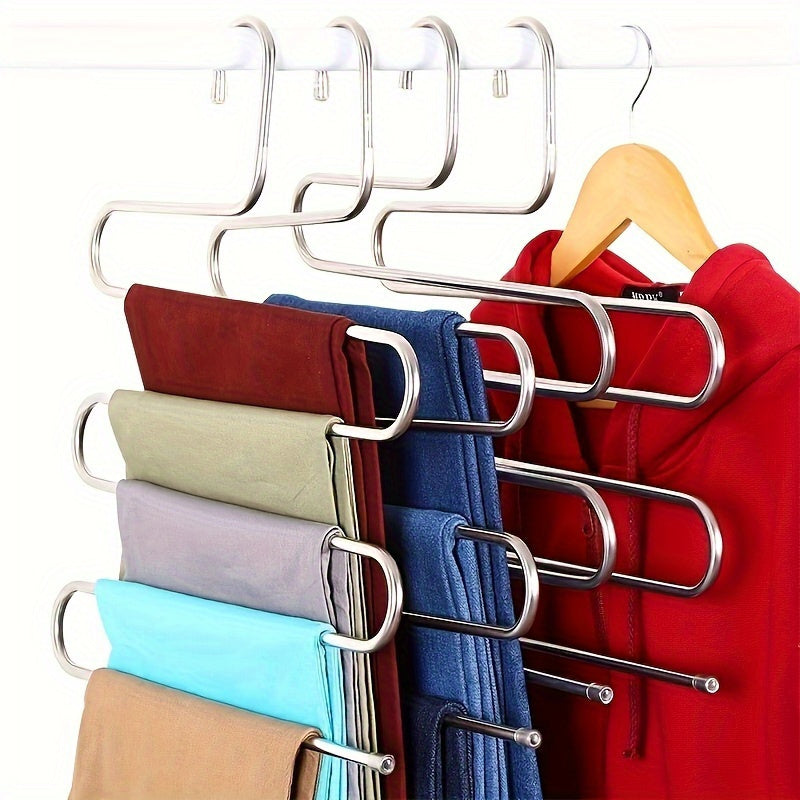 5 Tier Stainless Steel Pants Hanger S Shaped, Non Slip, No Mark Multi Layer Organizer For Closet Storage, Ideal For Jeans & Trousers, Space-Saving Design For Neat Wardrobe Organization, Clothes Organizer Storage