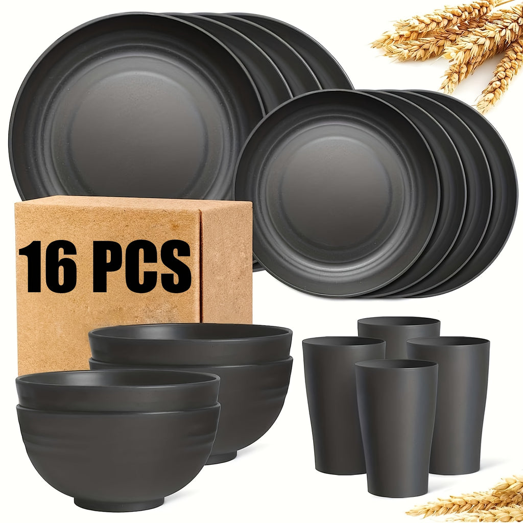[Unbreakable Dinnerware Set] 32/16/4pcs Wheat Straw Dinnerware Set | Service for 8/4, Large Size Modern Dish Set-Plate/Dessert Plate/Bowl/Cup, Lightweight Tableware, Perfect for Camping, Gifts for Christmas/Halloween, Local Warehouse Items
