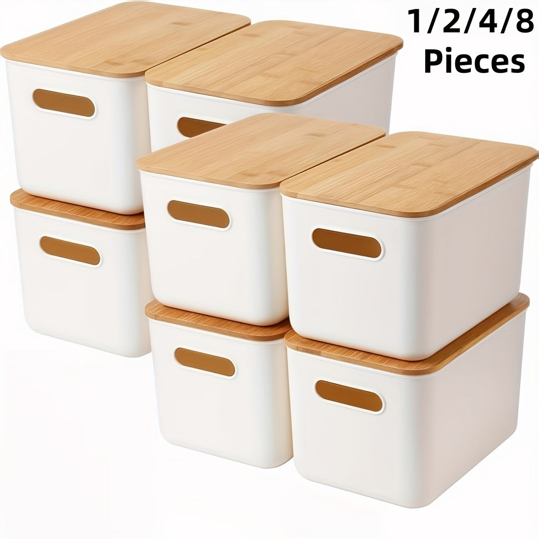 8/4/2/1pc Storage Bins with Woods Lids Plastic Storage Containers for Organizing Stackable Storage Box with Handle, Medicine Cabinet Organizer, for Bookshelf, Storage Organizer for Home, Office, Desktop, Playroom, Classroom, White
