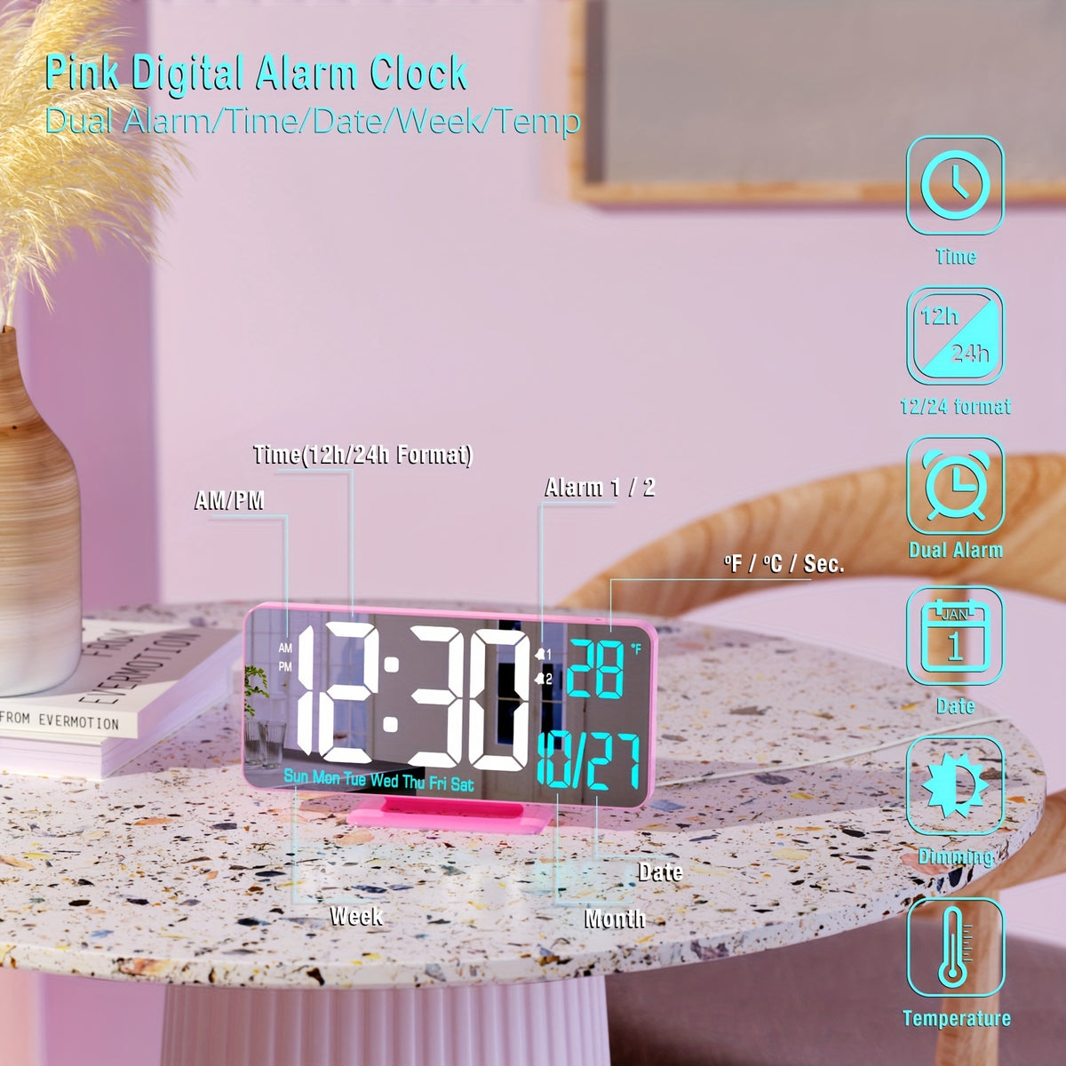 WHEAT Digital Alarm Clock for Bedroom - Corded Electric Desk Clock with LED Display, Date & Temperature, Dual Beep Alarm, Adjustable Brightness, USB Powered with 12/24H Format - Rectangle Plastic Frame
