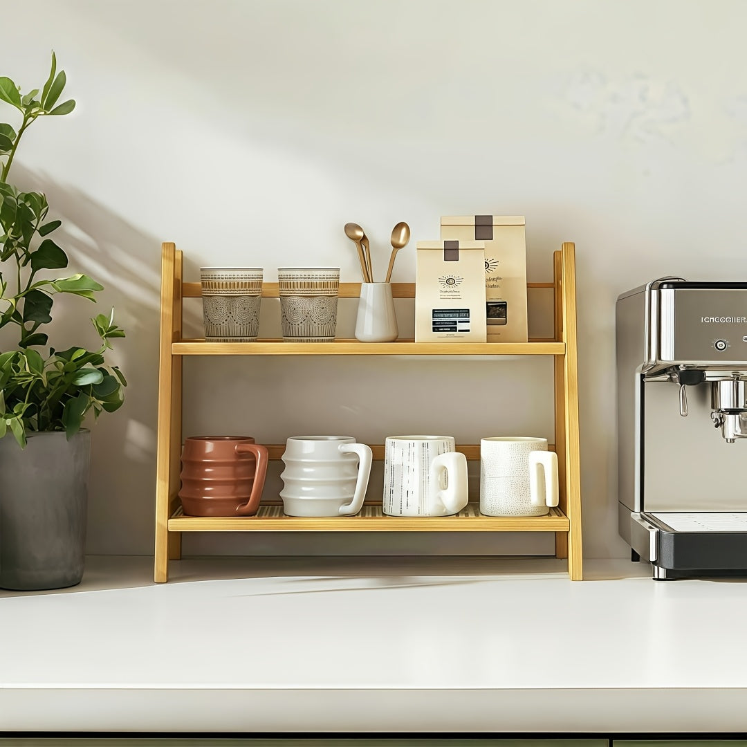 2-Tier Wooden Storage Rack - Modern Vintage Cream Trapezoid Shelf | Wood End, Multi-Purpose Countertop Organizer for Kitchen, Office, Bedroom And Dorm | Perfect for Coffee Mugs And Daily Essentials - 1/2pcs (Large Medium)