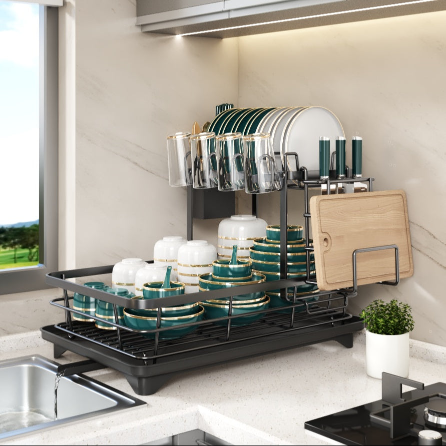 2-Tier Metal Dish Drying Rack, Suitable for Types of Countertops. Space-saving and Durable, Comes with Cutlery Holder, Cup Holder, and Rust-proof Drip Tray. Helps Your Kitchen Neat and Organized.