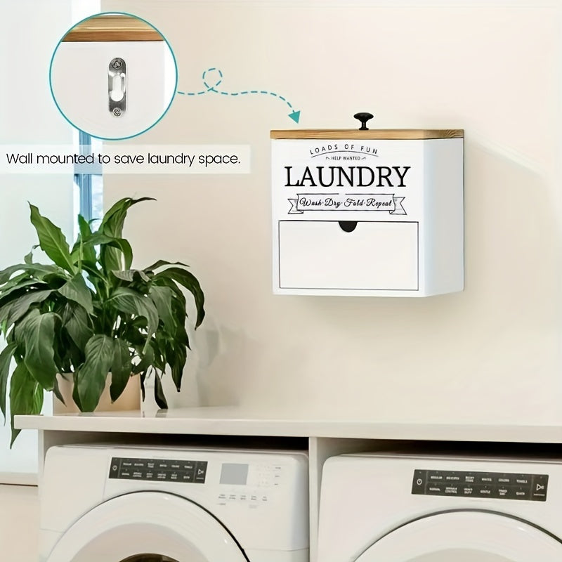 MONDRAME Farmhouse-Style Wooden Dryer Sheet Holder with Drawer And Lid - Dual Installation Options, Wall Mount Or Countertop, Laundry Pod Dispenser for Organized Storage