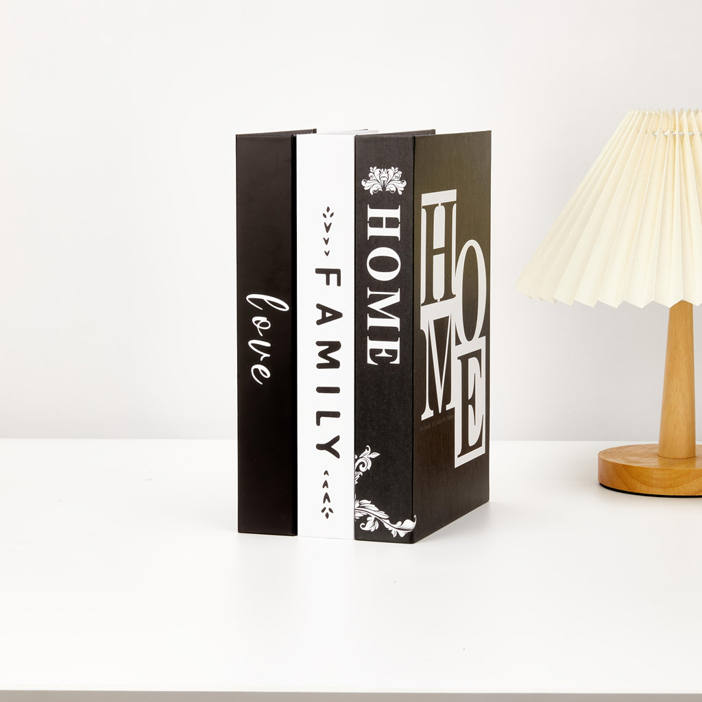 Decorative Books with HOME FAMILY LOVE Lettering, 3-Piece Black and White Faux Book Set for Coffee Table Styling, Living Room Shelves and Mantel Decor