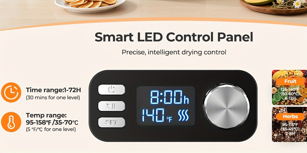 Food Dehydrator Machine Adjustable Temperature & 72H Timer, 5-Tray Dehydrators for Food And Jerky, Fruit, Dog Treats, Herbs, Snacks, LED Display, 240W Electric Food Dryer, Recipe Book