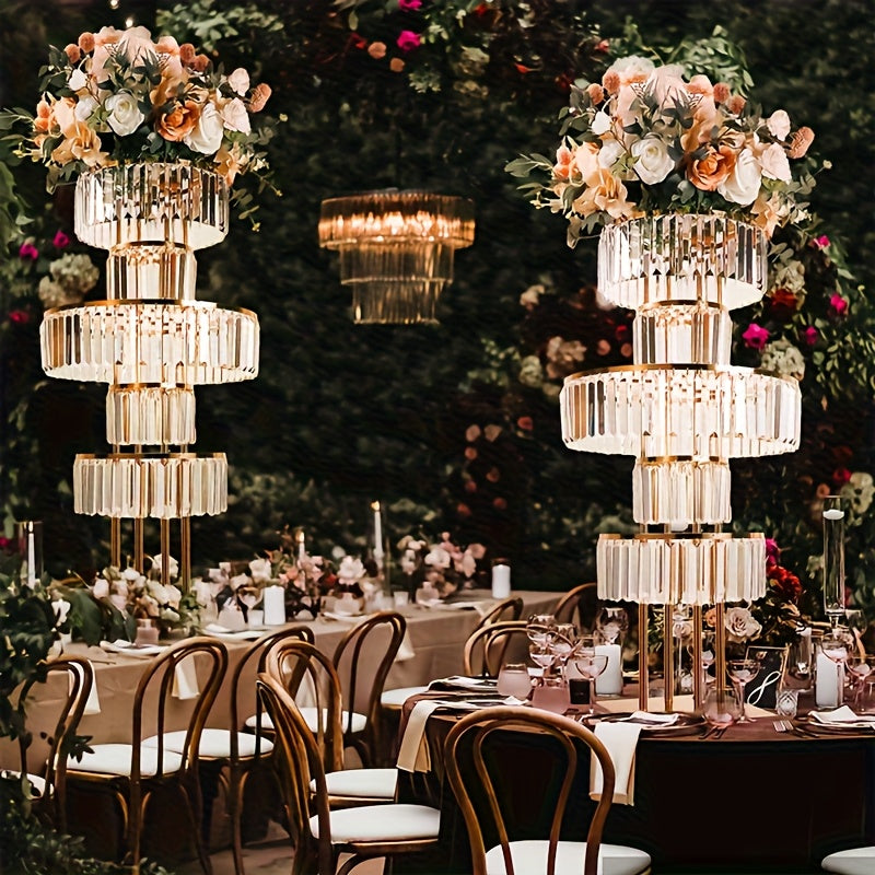 Wedding Golden Metal Vases Centerpieces Crystal Flower Stand with Hanging Crystals, 5 Tier Round Chandelier Pedestal Stand for Wedding Road Lead T Stage Flower Arrangement Decoration, Christmas And Halloween Decorations