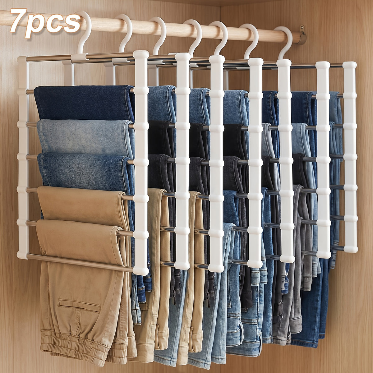 3/7pcs Multi Layer Stainless Steel Pants Hanger Space Saving Wardrobe Organizer Non Slip Stackable Hanger for Pants Jeans Scarves Trousers Closet Storage Organization