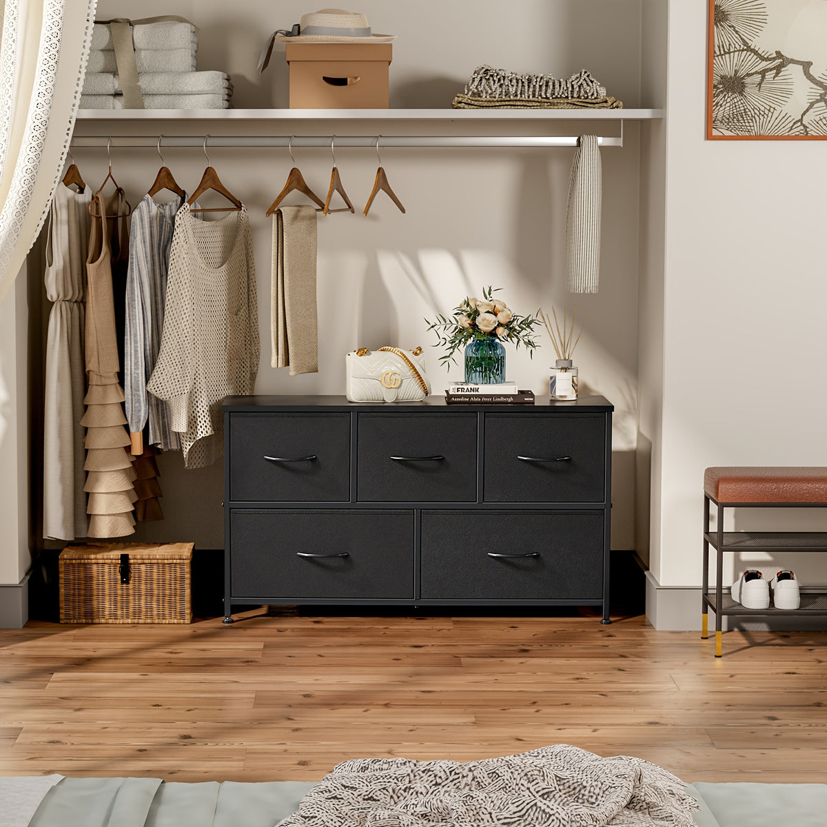 5-Drawer Cabinet Tower, Father'S Day Gift, TV Stand for Bedroom, TV Dresser for 45 Inches, Media Console Table, Entertainment Center with 5 Fabric Drawers Cabinet And Open Storage Shelf Other (Furniture) Cabinet for Living Room, Hallway