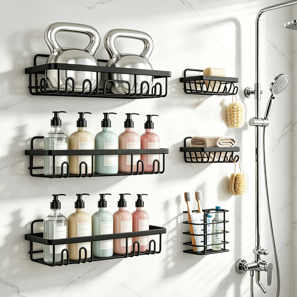 6pcs Shower Racks, Toilet Paper Rack, Soap Rack, Toothbrush Rack, No Drilling Required, 13-Inch Large Capacity, Bathroom Storage And Kitchen Sticky Shower Storage Rack (Black)