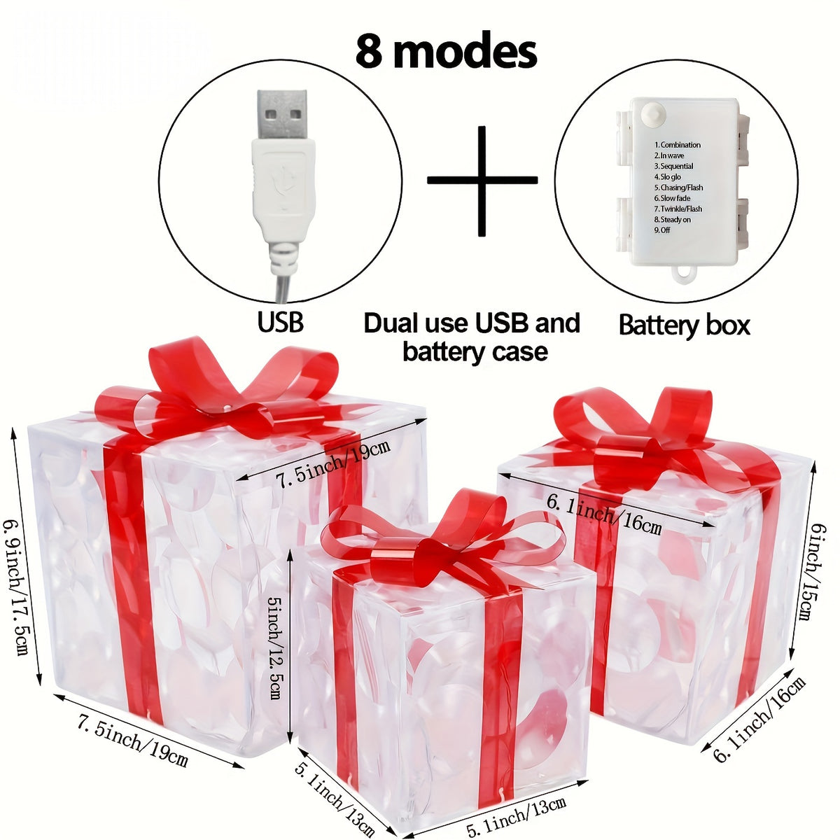 A Set Of 3 Christmas Color Boxes, USB/battery Dual Power Supply, 8 Lighting Modes, 8-hour Timer, Warm White Christmas Color Box, Gift Box with Red Bow for Christmas Tree, Home Decoration, Christmas Day Decoration, And Christmas Outdoor Decoration