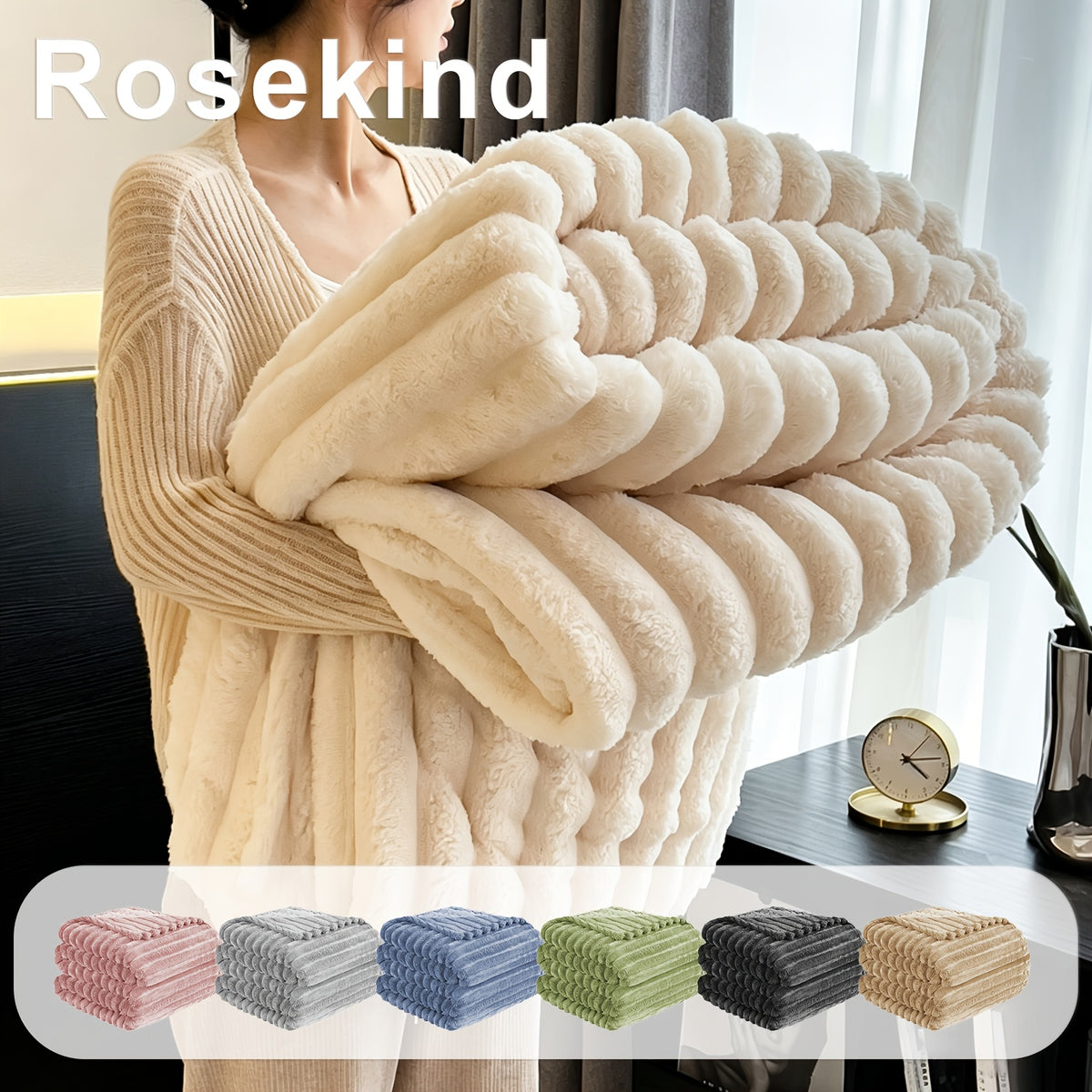 Luxurious Double-Sided Faux Rabbit Fur Throw Blanket - Cozy Striped Flannel, Soft And Warm for Naps, Office, Camping, Sofa - Versatile Polyester Bed Cover, Perfect Christmas Gift