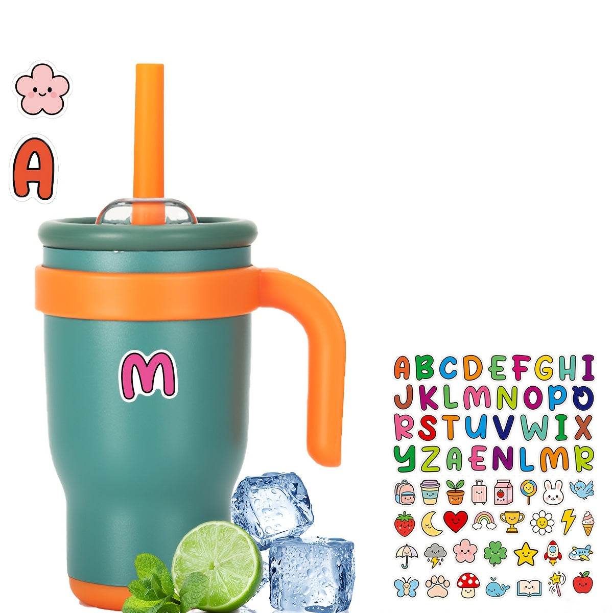 14oz Tumbler with Handle, Insulated Water Bottle with Straw And 2in 1 Lid, Stainless Steel Cup Travel Coffee Mug for Sports Office Gym Kitchen, Free Stickers