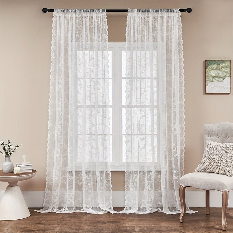 Set of Two White Lace Curtains with Floral Designs, Featuring a Bohemian Style And Semi-Transparent Fabric That Filters Sunlight. Suitable for All Seasons