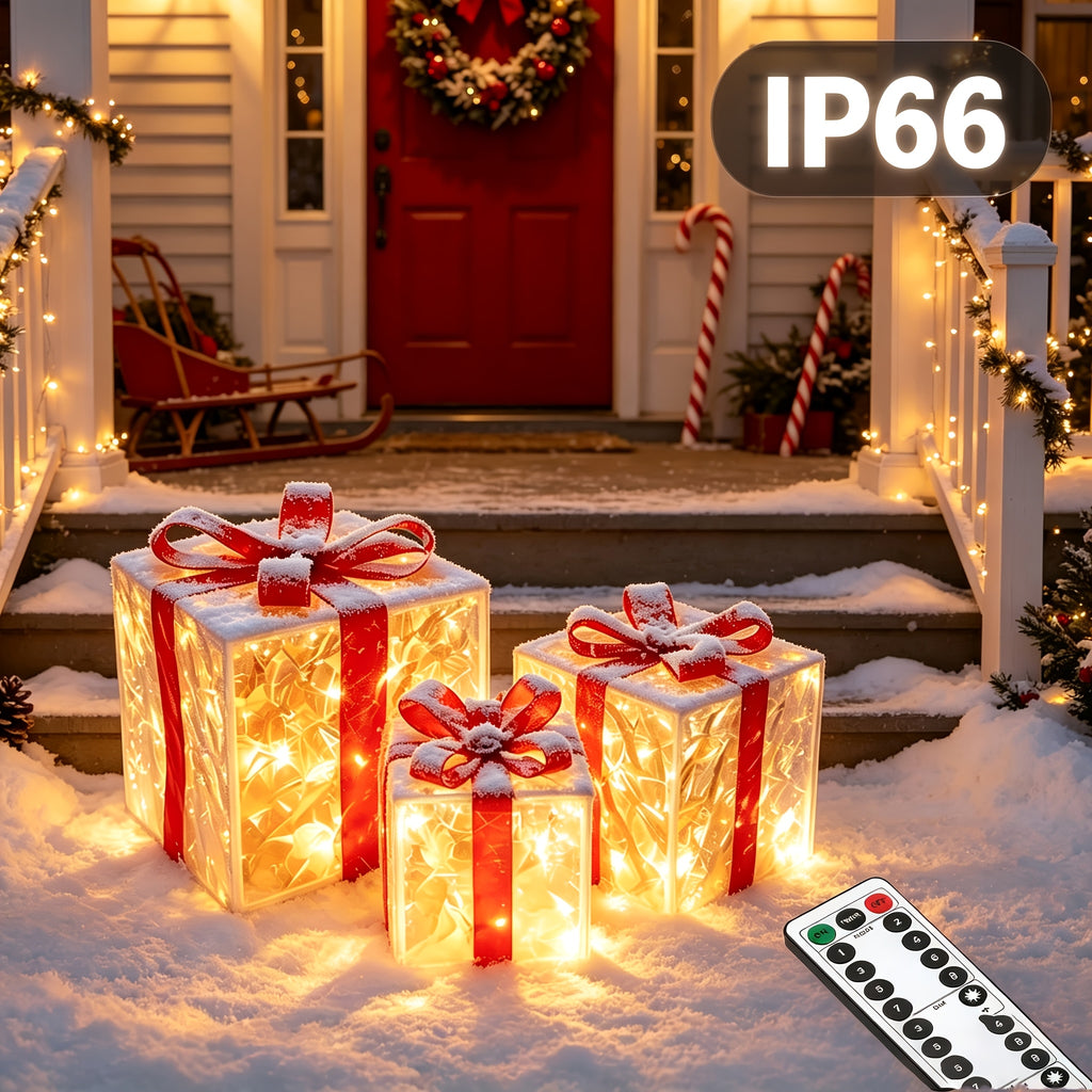 3-Pack 75-LED Christmas Gift Box Light Set - Warm Light Holiday Decoration, Indoor And Outdoor Use, IP66, with Remote Control And Timer, 8 Modes Flashing Gift Boxes, Home Ornament; Christmas Decoration, Outdoor Christmas Lights