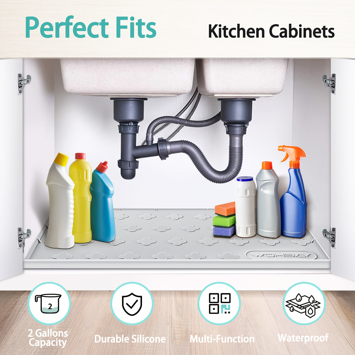 Waterproof Kitchen Undersink Mat, 34" X 22" Silicone Undersink Mat For The Bottom Of The Kitchen Sink, Undersink Drip Tray Liner For Kitchen Bathroom Cabinets, Can Hold Up To 3, 3 Cups Of Liquid.