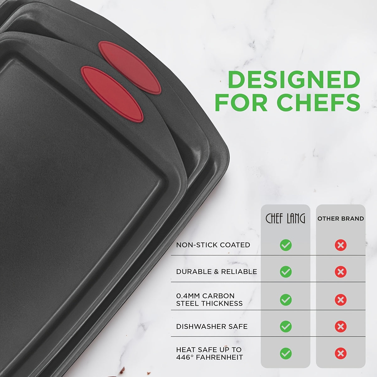 3-4pcs Non-stick Kitchen Oven Baking Pan - High Quality Stylish Non-stick Steel, Commercial Grade Restaurant Quality Metal Baking Pan Including Large, Medium And Small Pans For Baking And Baking With Red Silicone Handles - Easy To Clean, Black