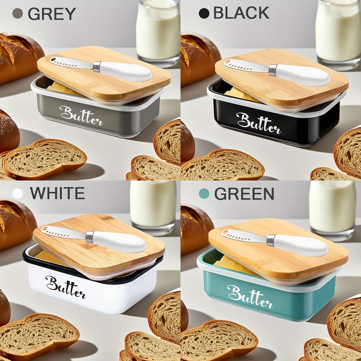 Iron Butter Tray with Bamboo Cover and Knife Large Capacity - Airtight Cheese Storage Box Kitchen Storage Items - Complete Colors - Mother's Day Thanksgiving Christmas Gifts Butter Storage Container Holiday Serving Elegant Durable
