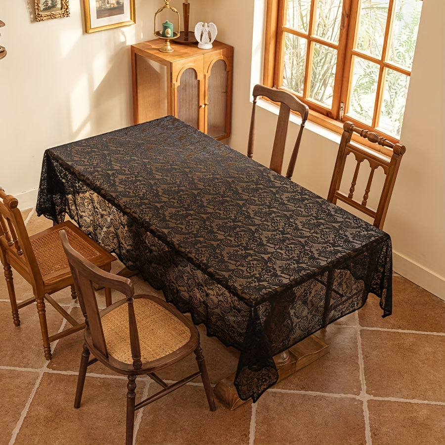 Elegant White Lace Tablecloth with Intricate Phoenix Tail Flower Embroidery - Perfect for Weddings, Receptions, Dinners, and Home Decor - Polyester, Rectangular, Machine-Made, Holiday Table Setting|Floral Lace Design|Polyester Fabric