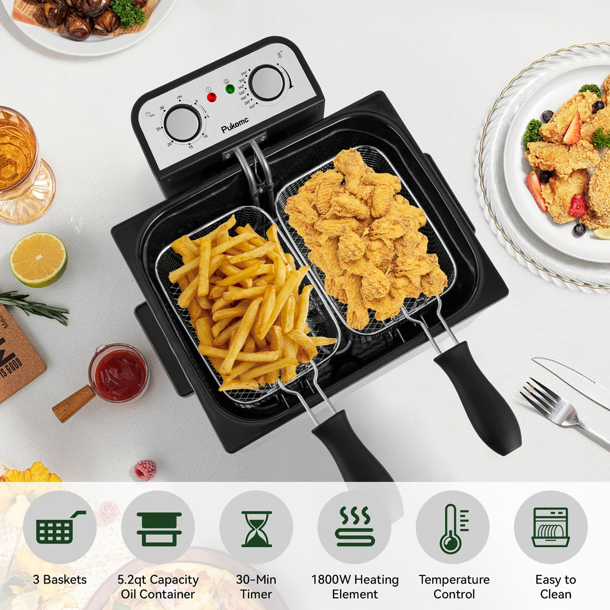 SUSTEAS Household Deep Fryer, Large Capacity Oil Fryer with 5 Sizes, Adjustable Temperature Control, Easy-to-Clean Pot, Made Of Stainless Steel, Local Warehouse, Compact And Durable Design, Stylish Cooking Appliance & Essential Kitchen Tool.