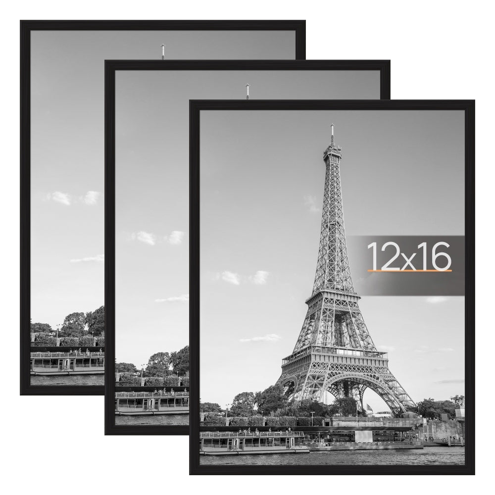 3 Pack Black 12x16 Picture Frames Scratch-Proof Photo Frames with Slide-In Strips, Horizontal/Vertical Wall Mountable Plastic Poster Frames Suitable for Rooms, Living Room, Bedroom - Assembly, Photo Gallery Frames