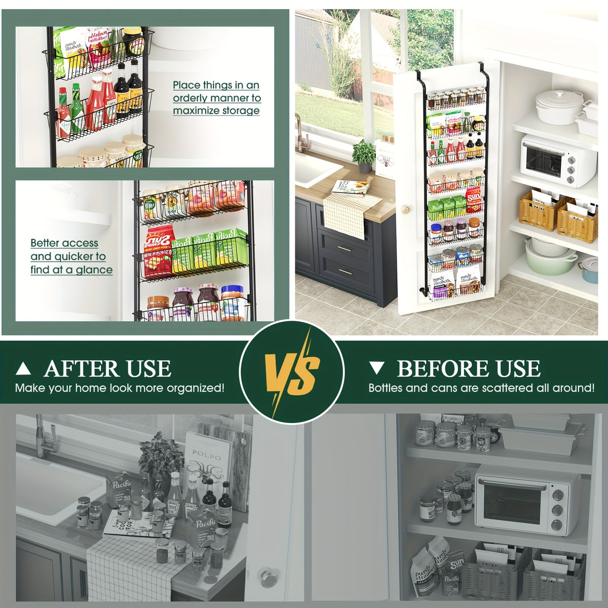 Metal Over Door Pantry Rack, 6 or 8 Tier Hanging Storage Organizer in Black or White for Spices, Packaged Foods, Bathroom Essentials and Laundry Supplies