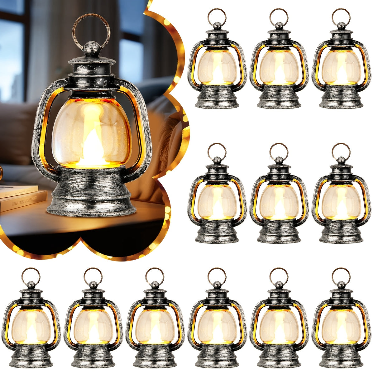 Pack Of 12 Mini Lantern Decorations with LED Candles, Small Chandelier Decorations, Camping Table Decorations, Vintage Lantern Decorations In Bulk for Cowboy Christmas, Valentine's Day Goodies (Vintage Golden, Black, Silvery)
