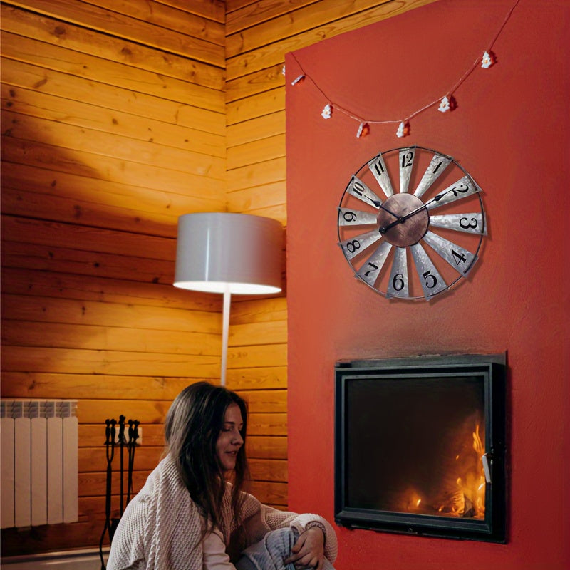 Windmill Wall Clock, 24 Inch Galvanized Metal Farmhouse Analog Clock with 3D Blade Design and Battery Operation for Living Room, Kitchen and Dining Room