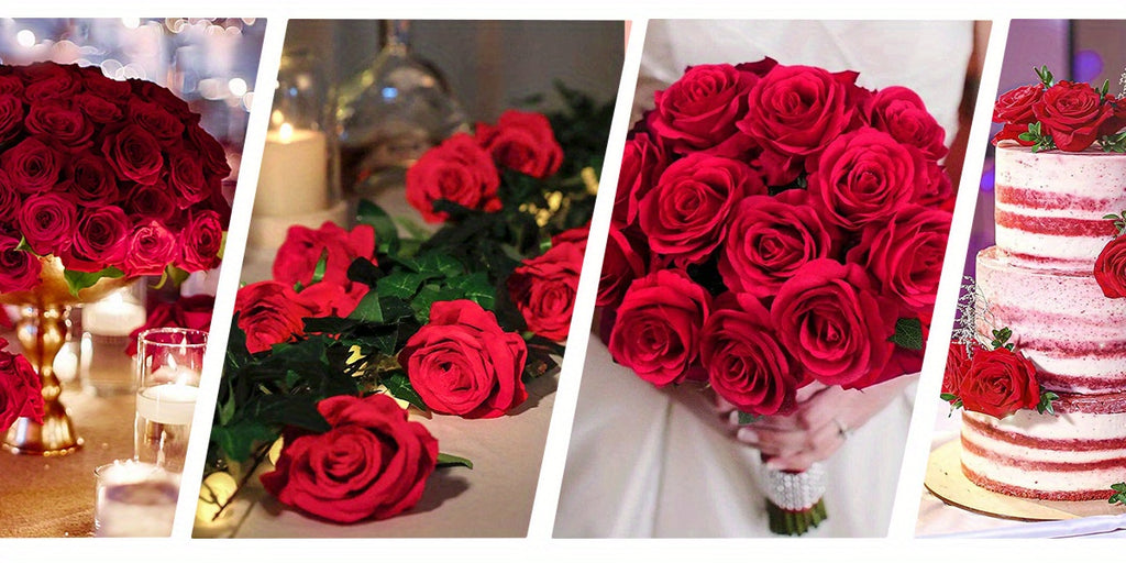 50/100pcs Red Roses Artificial Flowers, Real Touch Velvet Roses Bouquet Fake Flowers Bulk, Artificial Roses with Long Stems for Valentines Day Gift DIY Bridal Wedding Centerpiece Decorations, Mothers Day Decor, Home Decor, Room Decor, Rosas Eternas