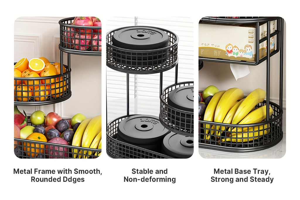 Large Capacity 3-Tier Black Metal Fruit Basket, Efficient Kitchen Organization, Perfect for Fruits, Vegetables, Bread, Snacks