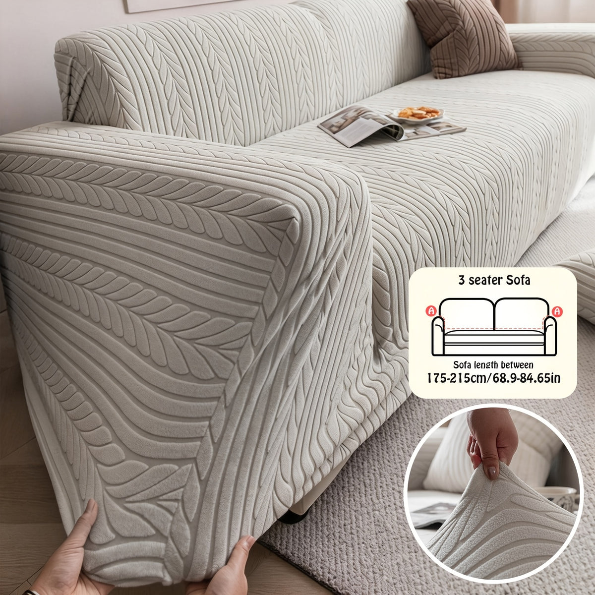 1pc Striped Sofa Cover - Washable, Stretchable, Scratch-Resistant & Non-Slip All-Season Sofa Protector, Fits 1-4 Seater Sofas, White Textured Fabric with Sawtooth Pattern, Perfect for Living Room Decor & Furniture Protection | Durable Protection