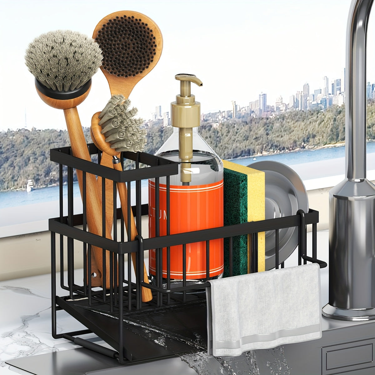 1pc Sponge Holder For Kitchen Sink With Drain Design And Dishcloth Rack, 304 Stainless Steel Sink Rack With Tall Brush Holder, Kitchen Sink Storage Box For Countertop, Soap Dispenser, Kitchen Organizer, And Essential Storage Accessories.