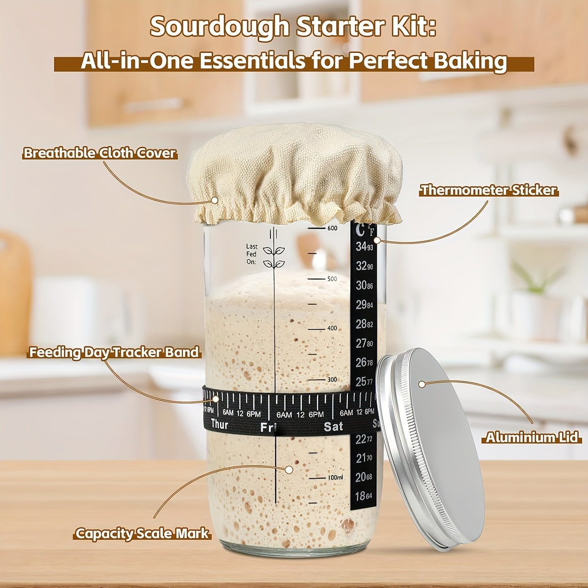 1/2pcs Fermentation Jar 24oz, Glass Jar with Auxiliary Label, Fermentation Jar Kit Set, Thermometer, with Scraper, Stitched Cloth Lid and Aluminum Lid, Suitable for Bread Baking Supplies, Juice Fermentation Glass Jar