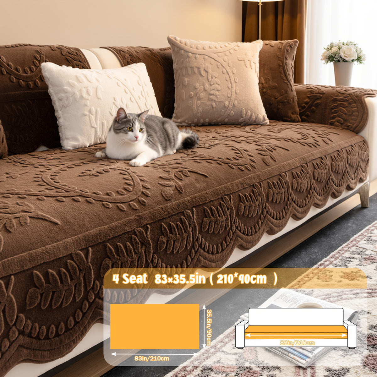 1pc Thickened Quilted Machine Washable Sofa Cushion, Faux Rabbit Fur Comfort Warm Non-slip Plush Sofa Cover, Breathable and Comfortable Pet-friendly for Bedroom, Office, Living Room, Suitable for 2/3/4-seater Sofa, Home Winter Decor, Christmas Gifts