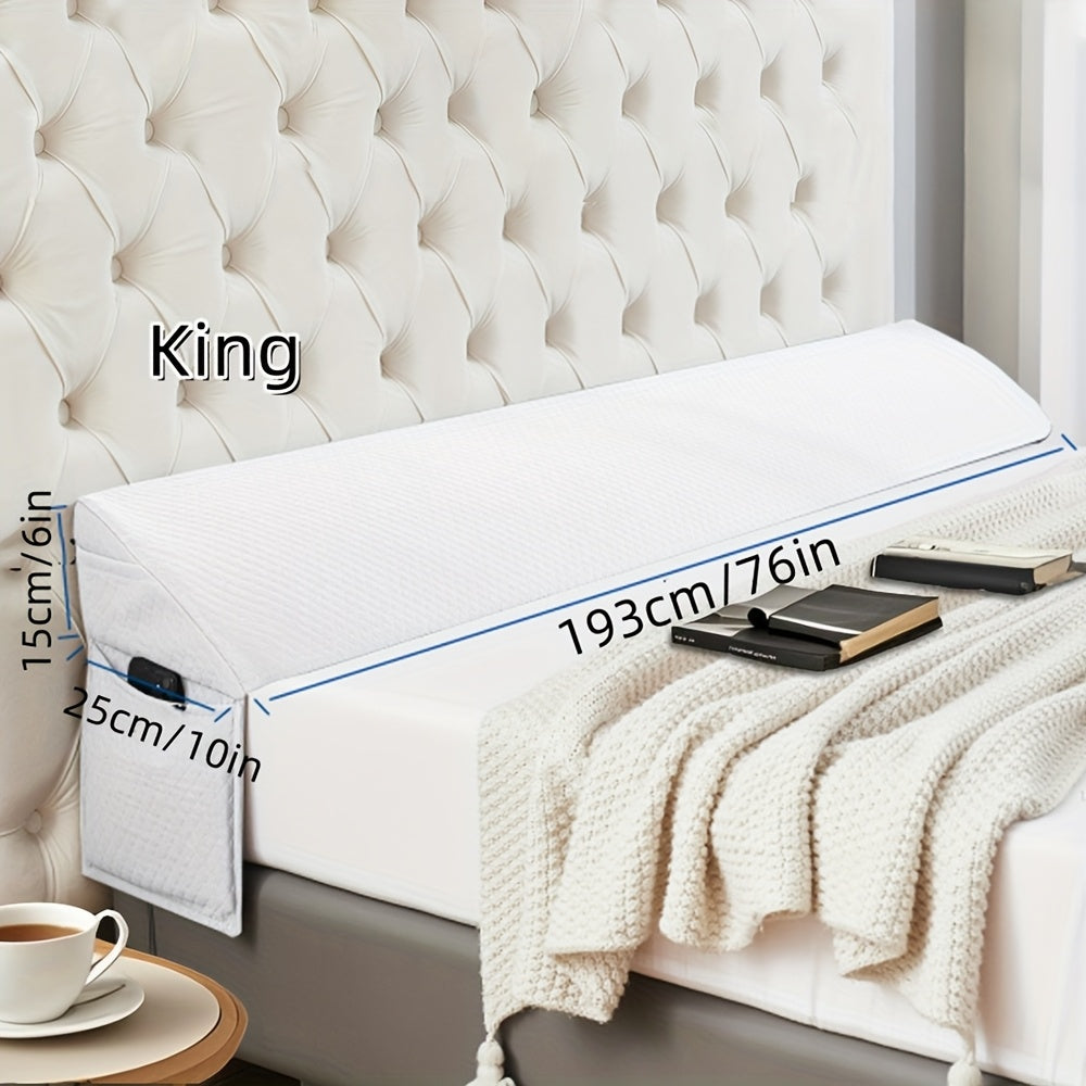Bed Gap Filler Pillow with Side Pocket, Triangular Headboard Mattress Wedge for Bedroom Backrest Support in Twin, Full, Queen and King Sizes