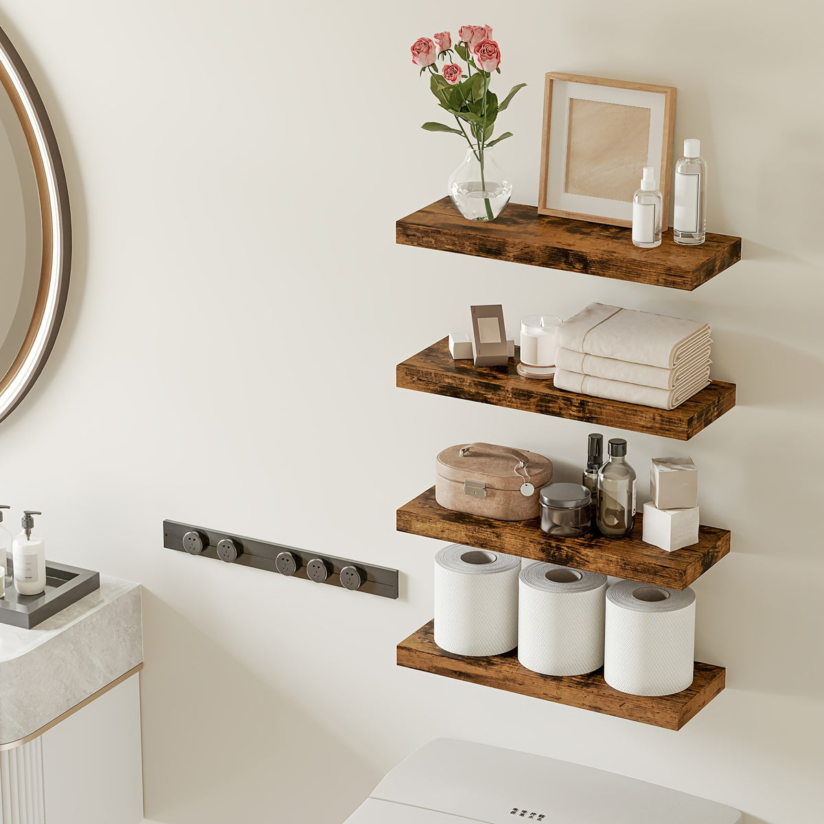 4pcs Of Home Decoration Wall Mounted Floating Shelves, Retro Style Wall Shelves, Invisible Brackets for Home Decoration, Suitable for Bathrooms, Living Rooms, Bedrooms, And Kitchens, Retro Brown Black White/gray Halloween And Christmas Decoratio