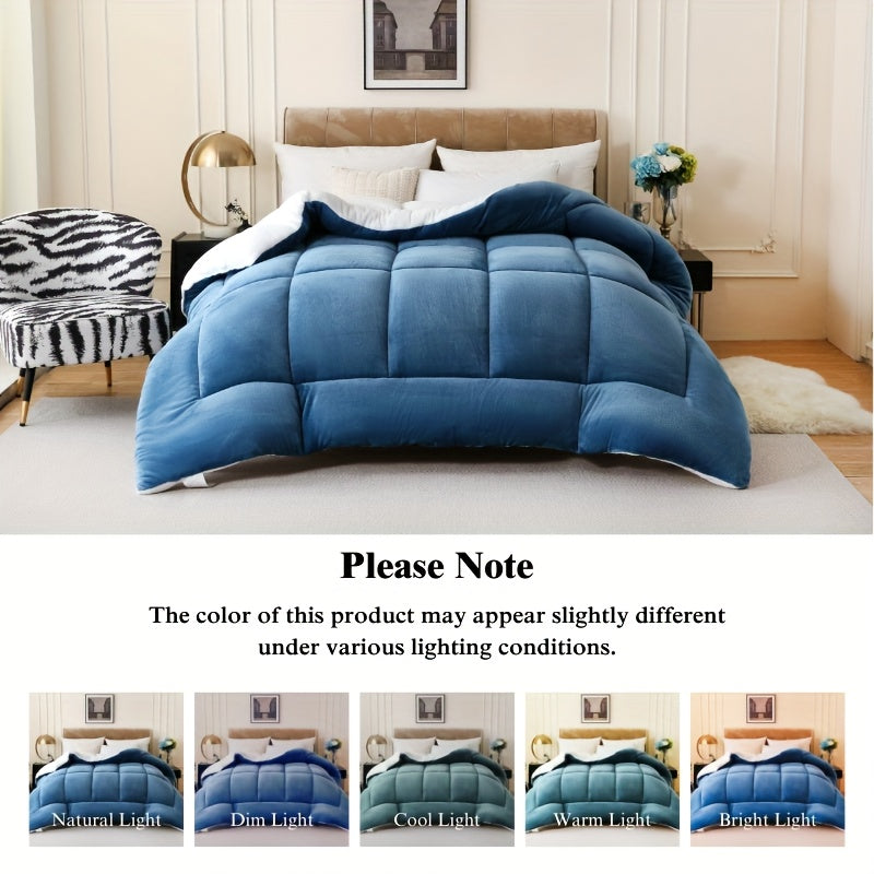 Plush Flannel Sherpa Comforter, Single Double-Sided Solid Color Bedding with Box Stitch Design for Twin XL, Full, Queen and King Bedrooms