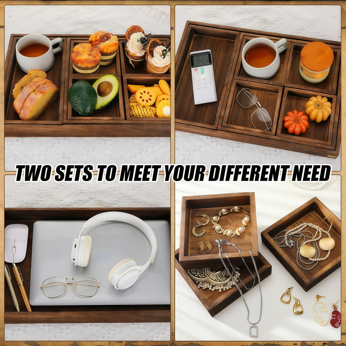 Rustic Serving Tray Set of 7, Rectangular Trays with Handled Large Tray for Tea, Coffee, Snack Displays and Vintage Kitchen or Living Room Styling