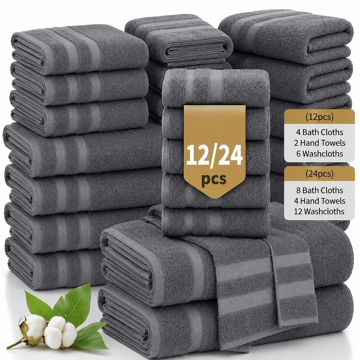 12/24pcs Bath Cloths Set, Hotel Quality Thick Bath Cloths | Highly Absorbent & Quick-Dry | 4/8 Bath Cloths & 2/4 Hand & 6/12 Washcloths, Cotton for Hotel Spa Gym & Home Bathroom Essentials