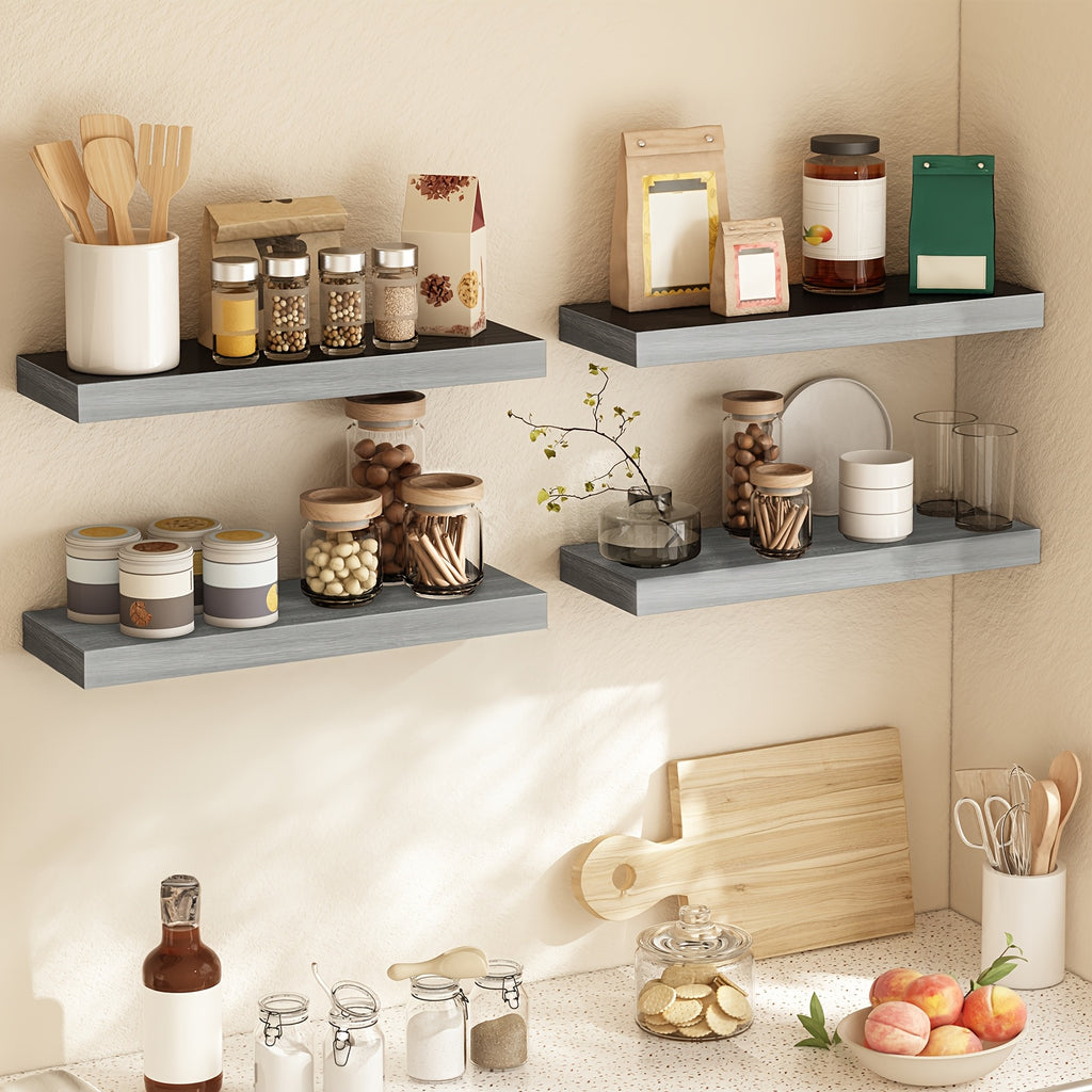 Floating Shelves with Invisible Brackets, Rustic Wood Finish Wall Storage in Gray, White or Black for Kitchen Organization, Bathroom and Bedroom Displays