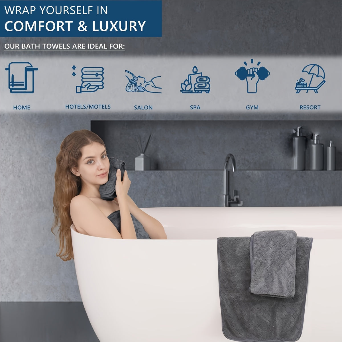 4pcs Oversized Bath Towel Set in Sleek Blue - Ultra Soft, Highly Absorbent, Quick-Dry Microfiber with Diamond Pattern - Includes 4 Bath Towels, and Matching Beach Chair Cover - Ideal for for Bathroom Hotels Gym, Valentine's Day Gift, Wash Cloths