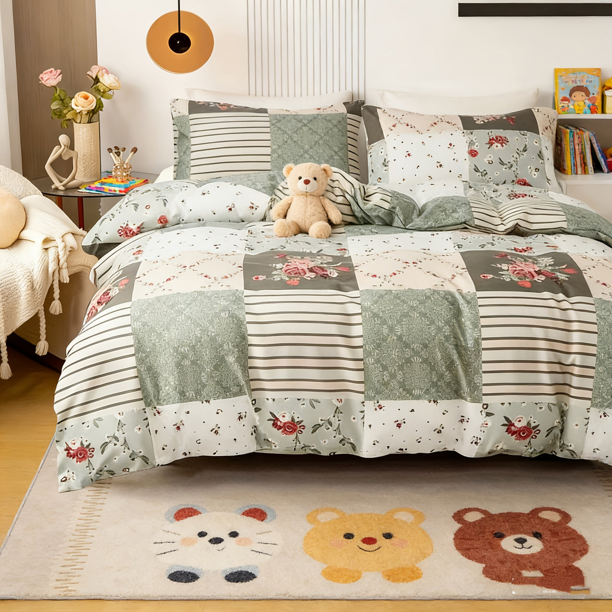 3pcs Floral Print Duvet Cover Set (1 X Duvet Cover And 2 X Pillowcases, Without Core), All-Season Lightweight Patchwork Kids Comforter Cover with Zipper, Pastoral Style Flower Plaid Patchwork Print bedding Comfortable Duvet Cover, for Kids Bedroom