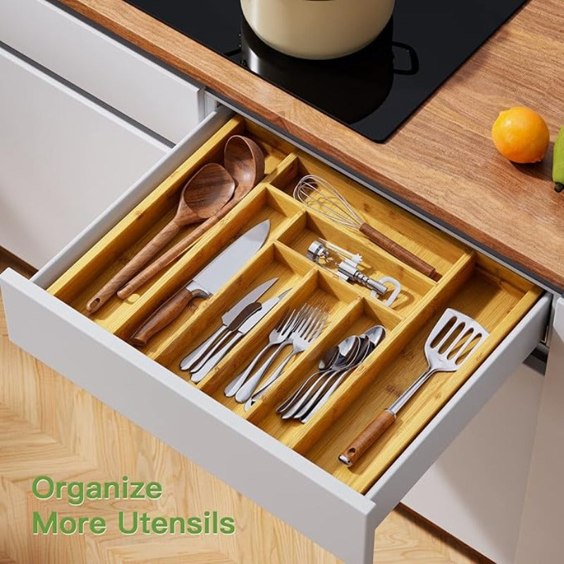 Expandable Bamboo Drawer Organizer - Adjustable Silverware Tray, Cutlery And Utensil Holder for Kitchen Drawer, Multi-Use Storage Tray for Office, Home