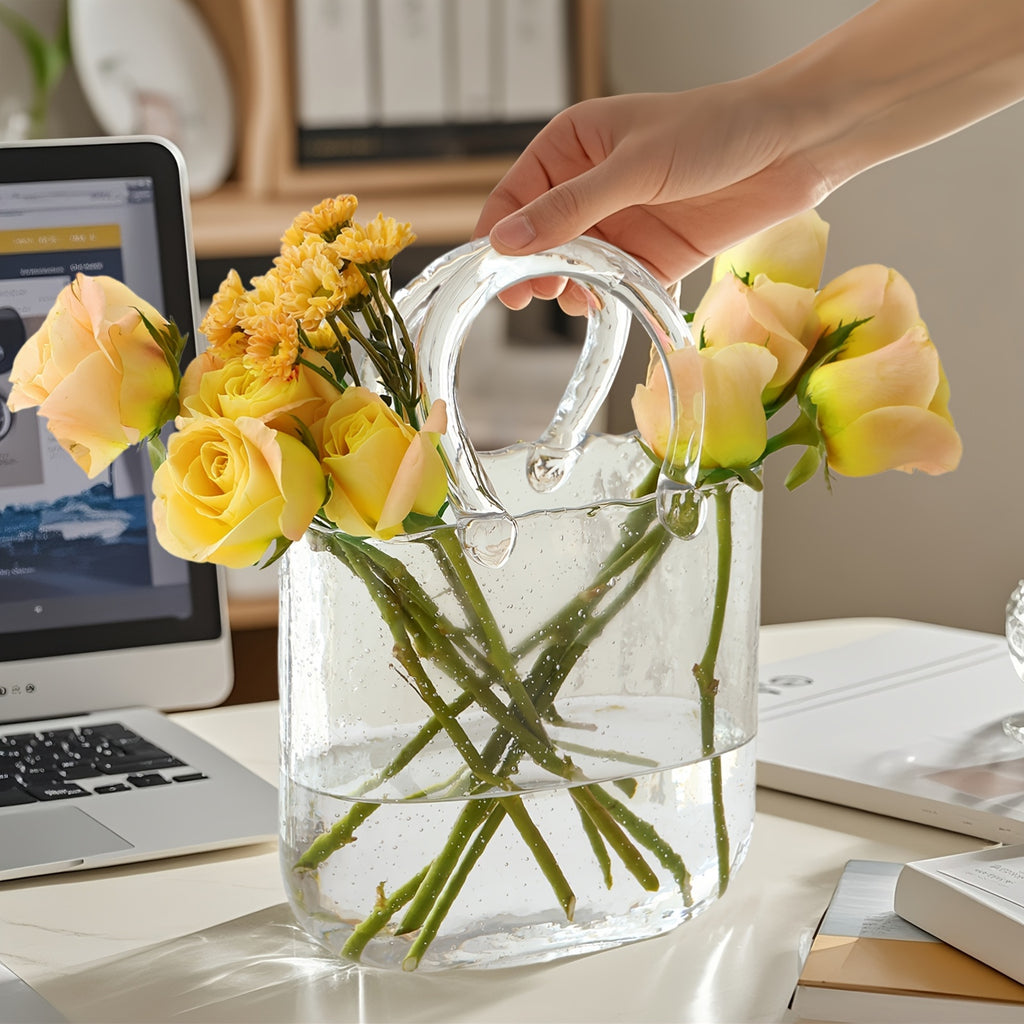 WHONLINE 1/2pcs Glass Purse Vase for Flowers, Glow-In-The-Dark Vase, Fish Bowl with Bubble, Clear Bag Vase with Handle And Bubbles, 7.7X3.9X10.4In, Unique Decorative Vases for Centerpieces Wedding Table Decorations, for Christmas
