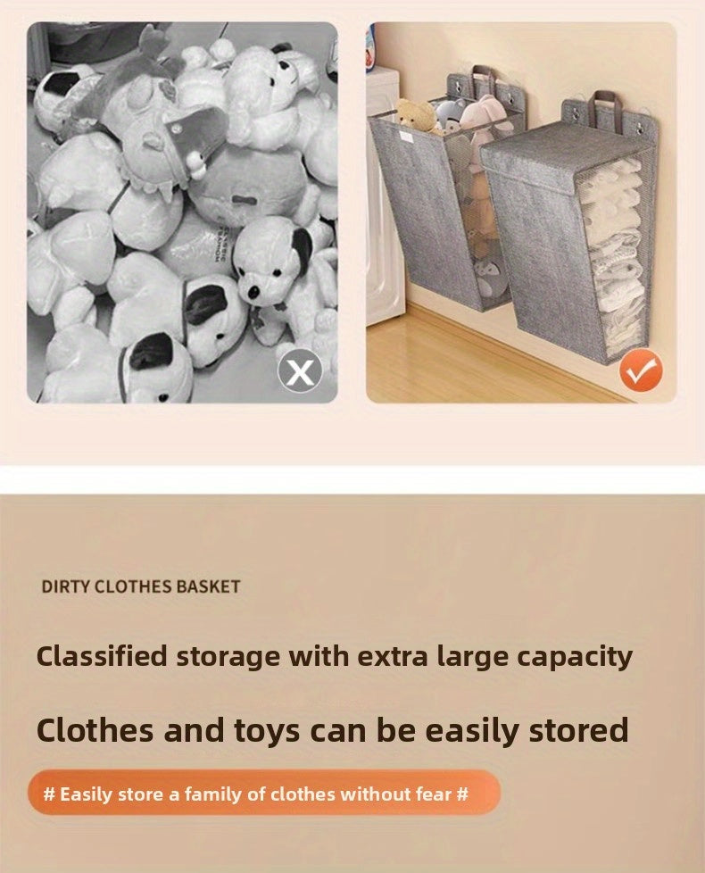 Wall Mounted Laundry Hamper with Lid, Foldable Gray Oxford Cloth Basket for Space Saving Clothes and Toy Storage in Bedrooms, Bathrooms and Living Rooms