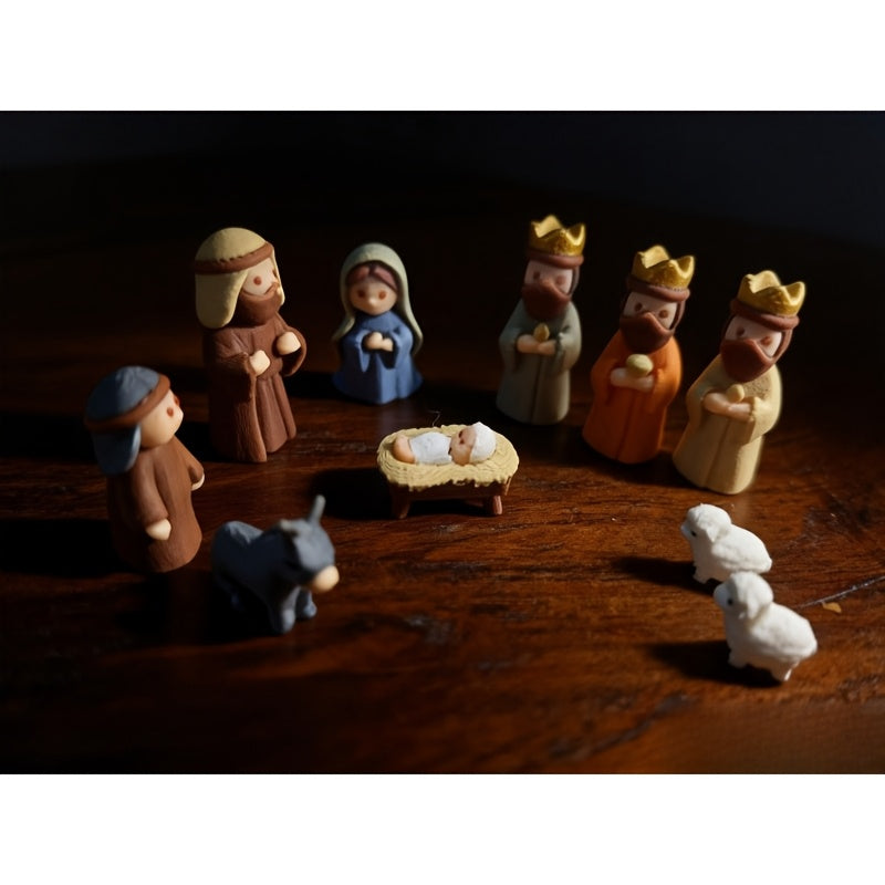 Handmade Miniature Christmas Nativity Set In Tin Box - Portable Pocket-Sized Manger Scene with Mary,, Jesus, Shepherds Animals Figures - Hand-Paintedfor/Easter Gift