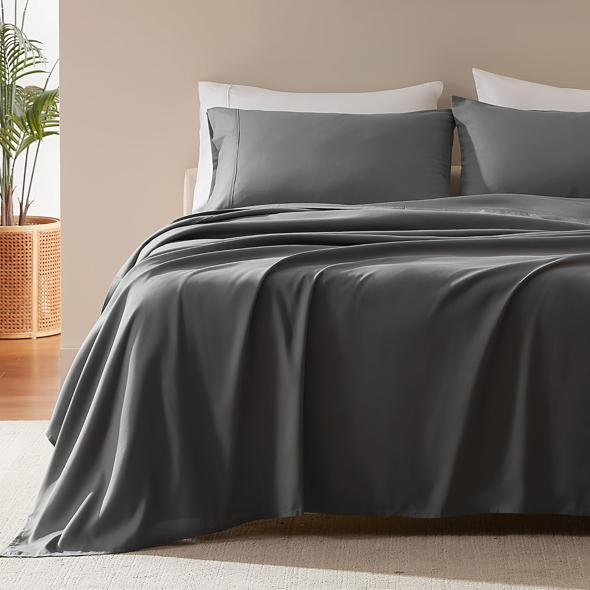 Extra Deep Pocket 10%Bamboo Fiber Bed Sheet Set - Breathable Bed Sheet - Luxury Hotel Bed Sheet Set - Soft, Wrinkle-Resistant, And Comfortable - Easily Fits Extra Deep Mattresses. Includes Pillowcases, Flat Sheet, And Fitted Sheet