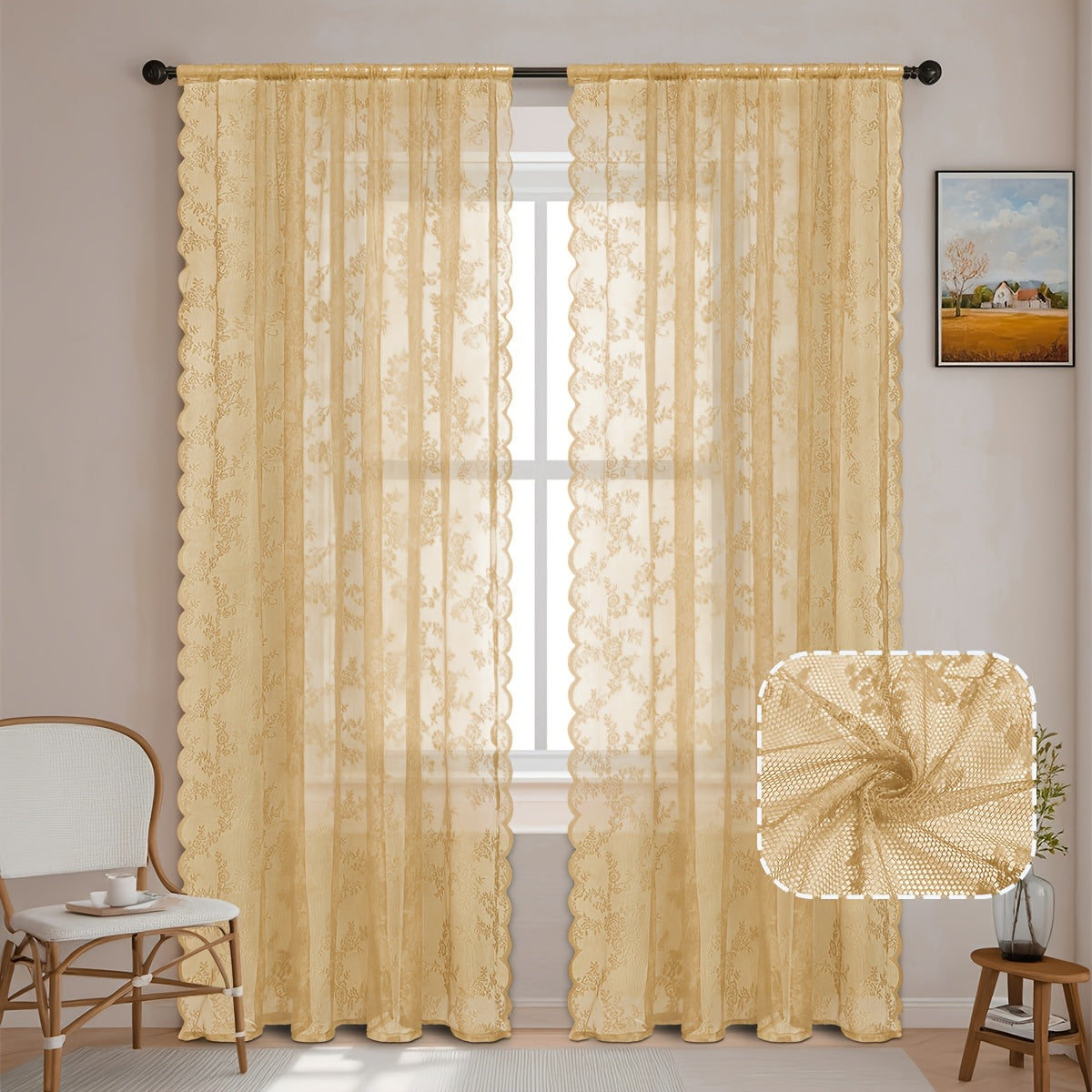 Set of Two White Lace Curtains with Floral Designs, Featuring a Bohemian Style And Semi-Transparent Fabric That Filters Sunlight. Suitable for All Seasons