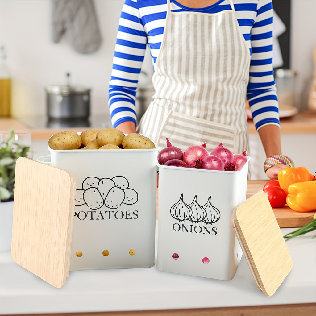 Kitchen Storage Canister, Potato Onion Storage Bin With Aerating Tin Storage Holes & Wooden Lid, Kitchen Organizers For Onion, Potato, Fruit, Black